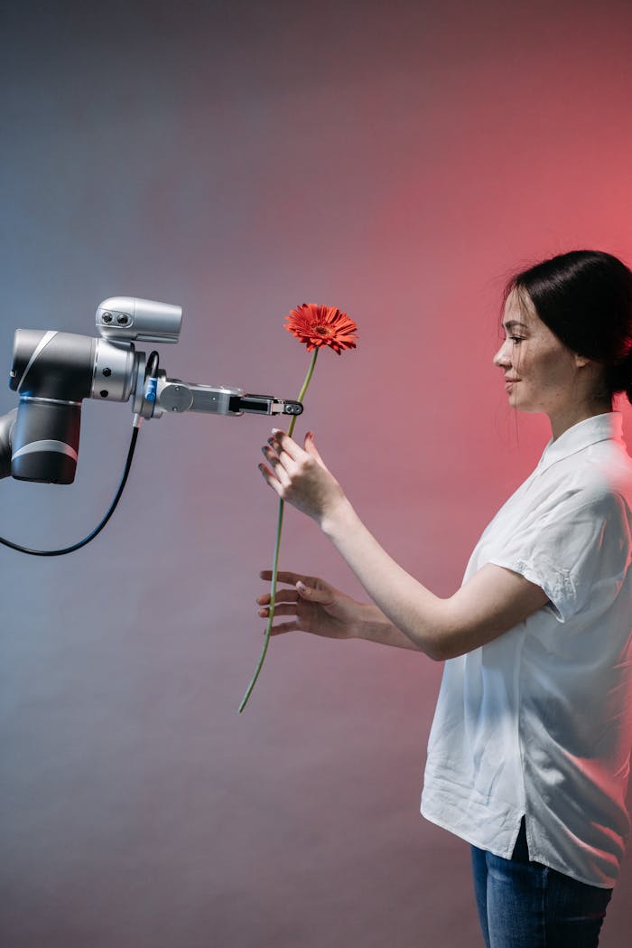 Services-03 A woman interacts with a robotic arm holding a flower, symbolizing human-technology harmony.