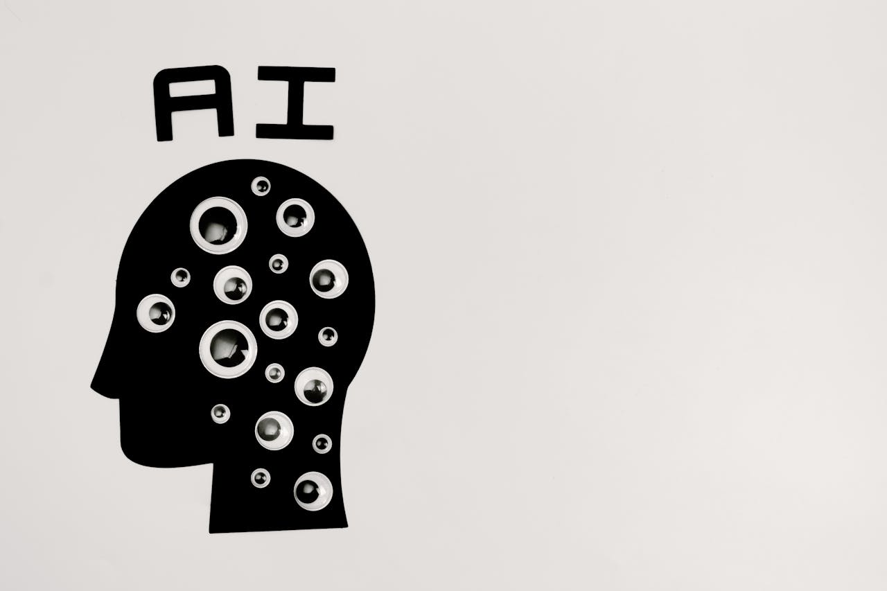 creative-02 Abstract illustration of AI with silhouette head full of eyes, symbolizing observation and technology.